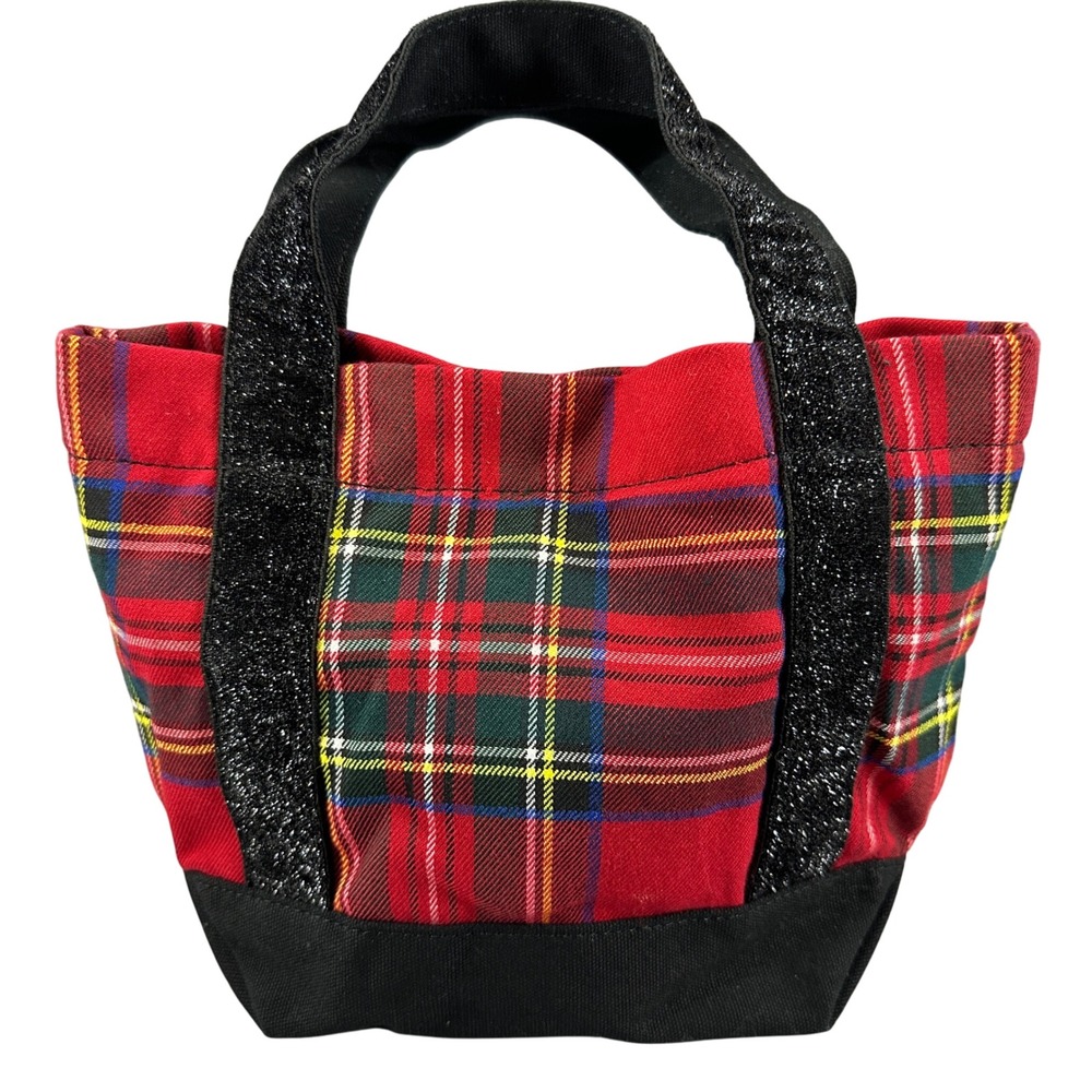 J. Crew Plaid Tote Bag Glitter Handle Holiday‎ Christmas Festive Red Green Mini